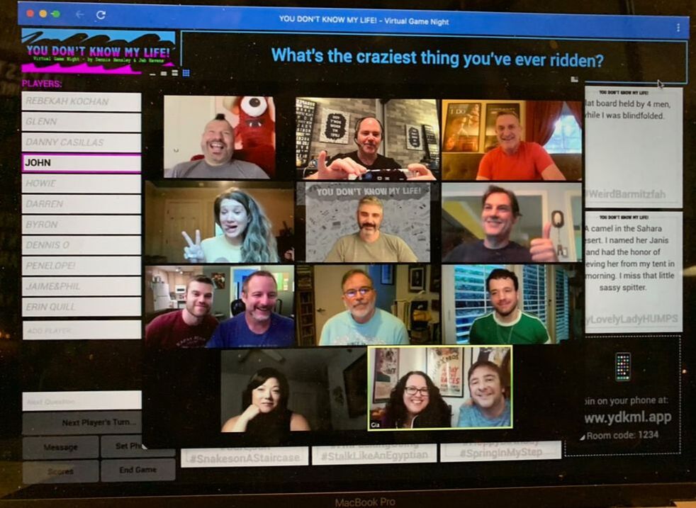 Online version of card game You Don't Know My Life. Displayed: webcam feeds of players, list of their names, the current game question, and all player answers